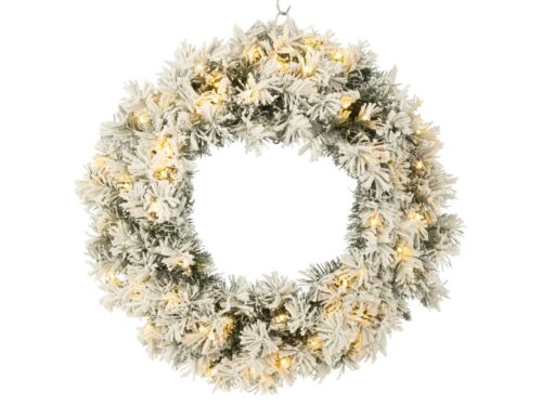Kerstkrans Saummos kunststof groen met sneeuwlook en warme witte LED-verlichting
