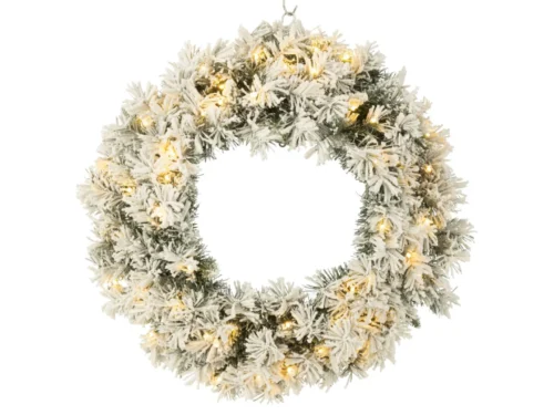 Kerstkrans Saummos kunststof groen met sneeuwlook en warme witte LED-verlichting