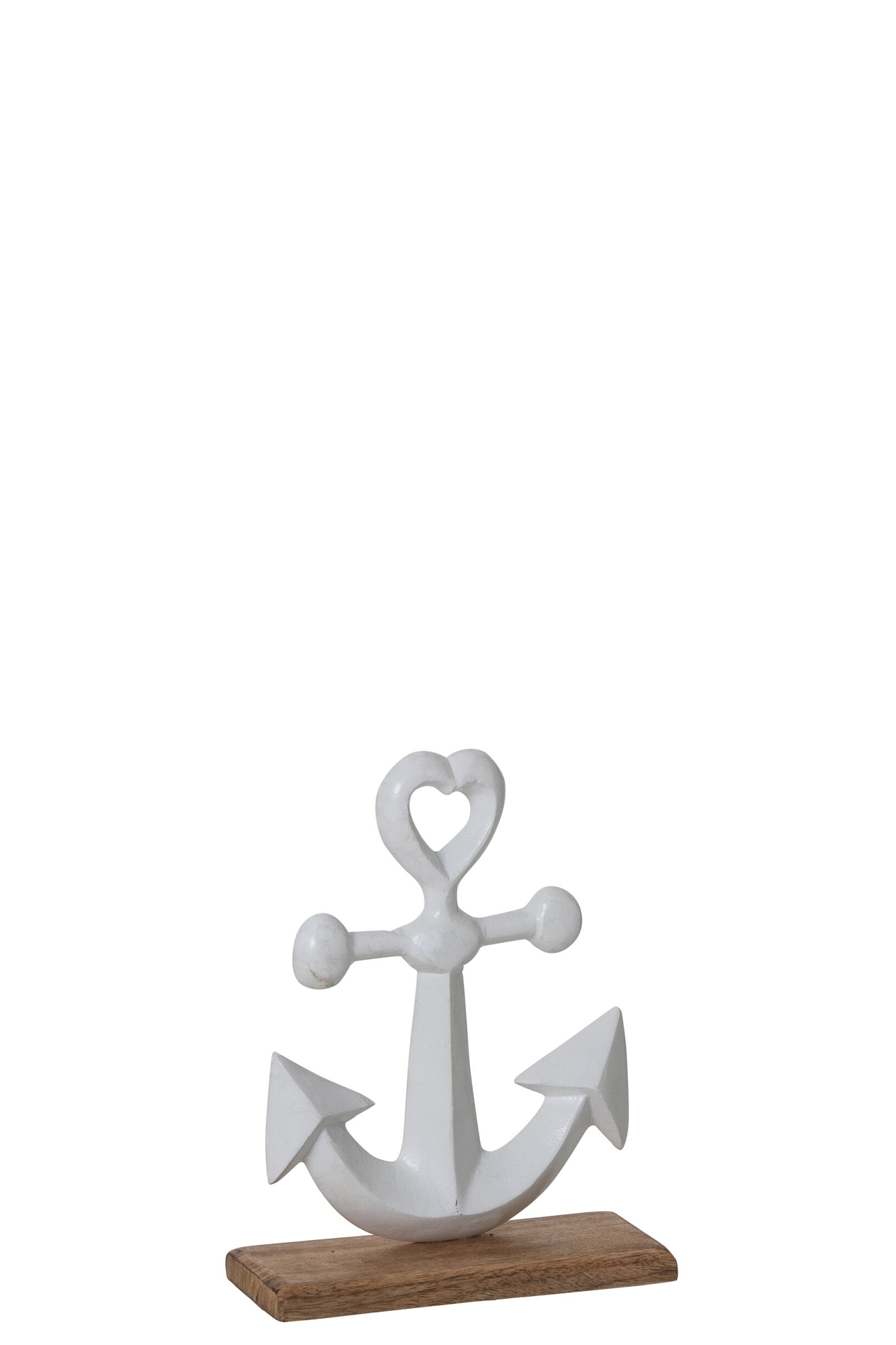 Decoratie Kleendin aluminium anker met hart, wit op naturel mangohouten voet