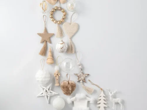 Set Opbergdoos Neevos glas beige kerstornamenten met gedroogde takjes, verfijnde winterse look