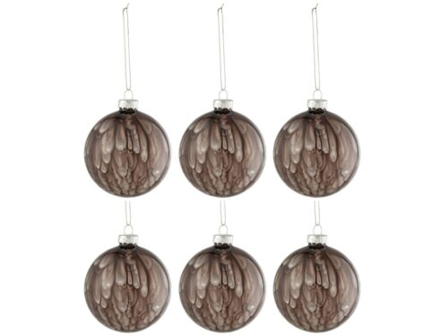 Set van 6 grijze glazen kerstballen met gespikkelde afwerking en zilverkleurig ophangkoord