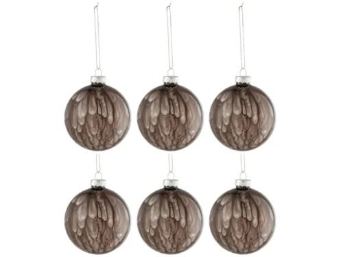 Set van 6 grijze glazen kerstballen met gespikkelde afwerking en zilverkleurig ophangkoord