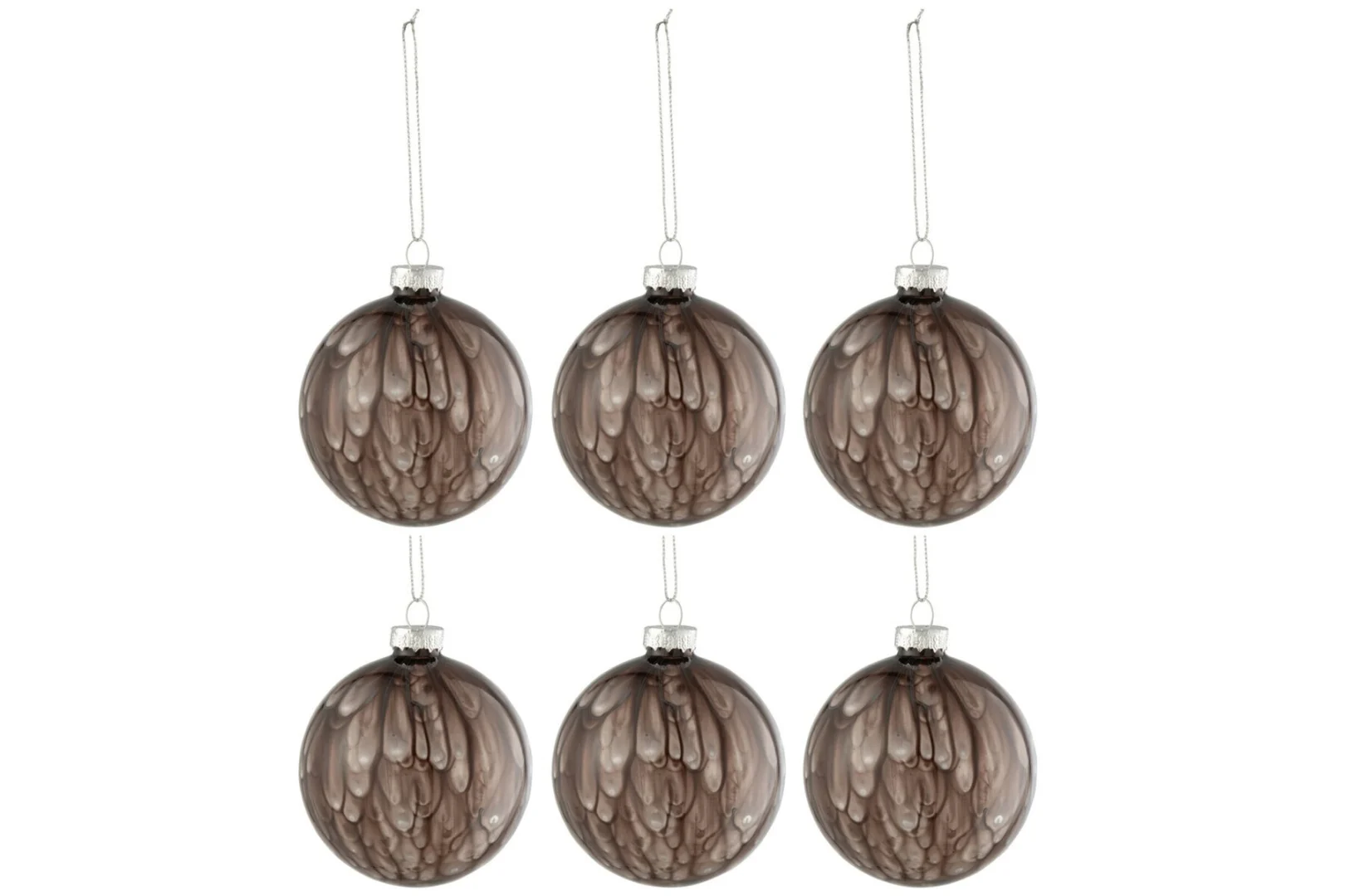 Set van 6 grijze glazen kerstballen met gespikkelde afwerking en zilverkleurig ophangkoord