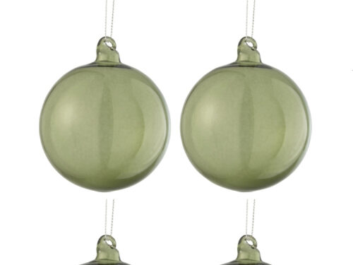 Opbergdoos Rulva Glas Groen: vier transparant groene glazen bollen met ophangkoord, stijlvol woonaccessoire