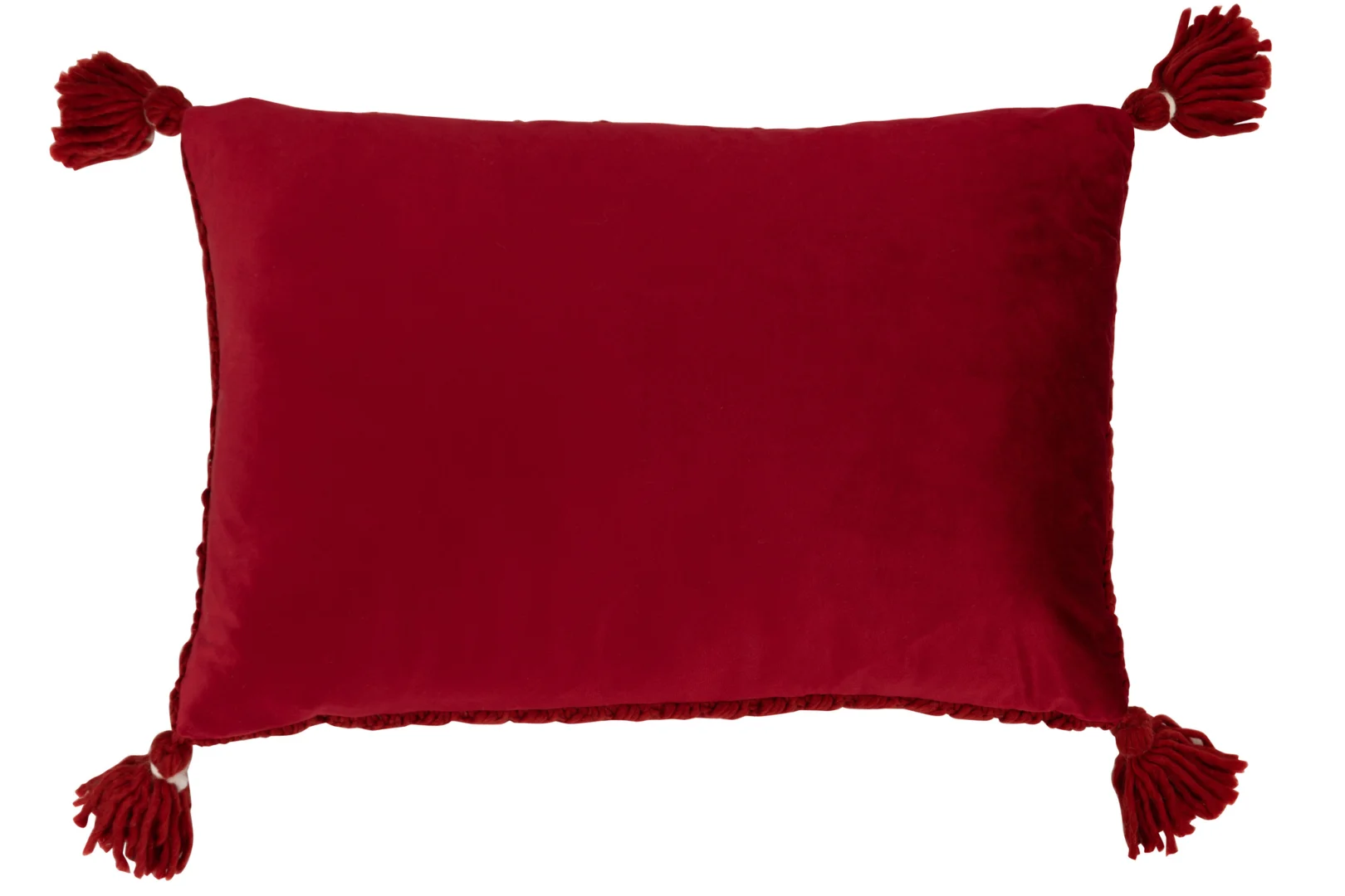 Rood gebreid kussen Leerdin 58 x 39 cm met speelse franjes en zachte, huiselijke uitstraling