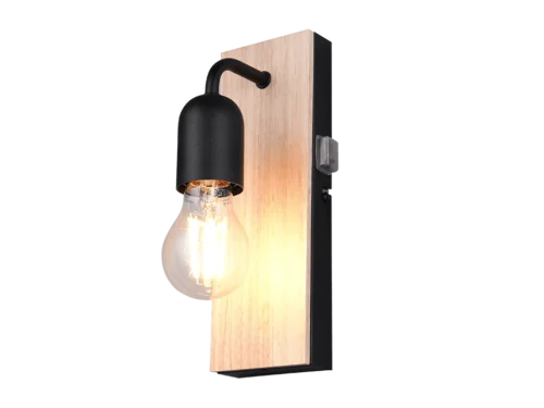 Wandlamp Keelond matzwart en hout, met E27-lamp en warme industriële uitstraling