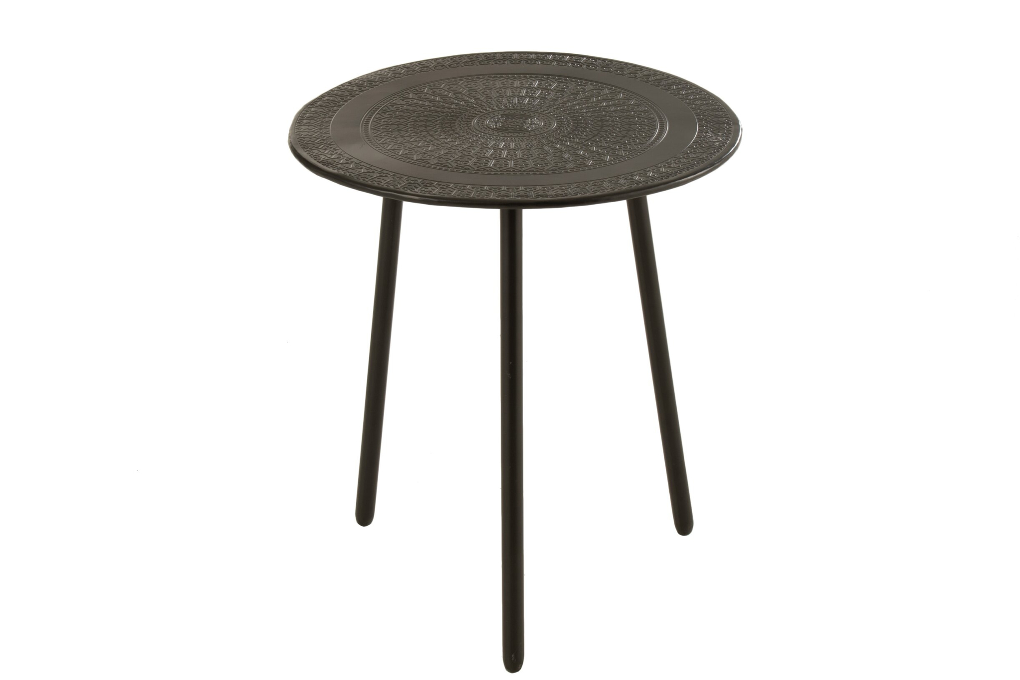 Prunsir metalen bijzettafel zwart, rond blad met decoratief patroon en slanke pootjes, 40 cm