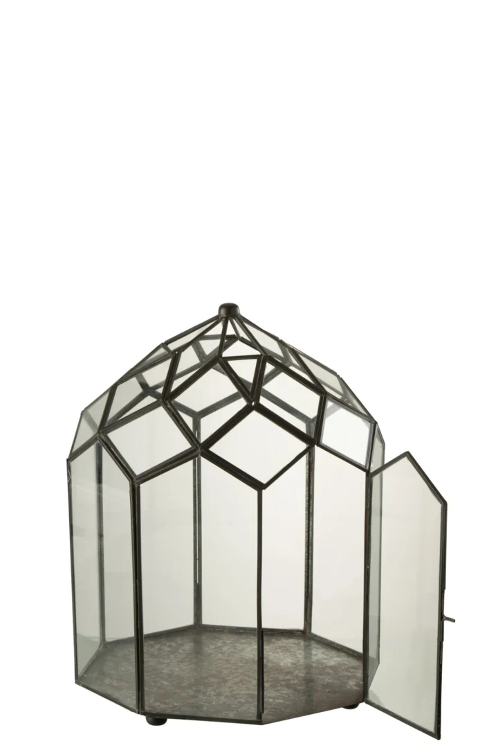 Woonaccessoire Raarmona glas zwart terrarium met geometrisch ontwerp en open deur