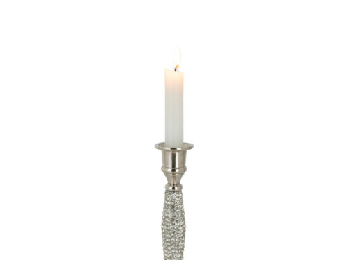 Kandelaar Rindonte aluminium zilver 27 cm met glazen steentjes en kaars, elegante hoge blikvanger