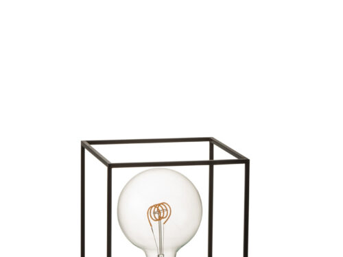 Trobella zwarte tafellamp met rechthoekig ijzeren frame en zichtbare lichtbron, modern en compact