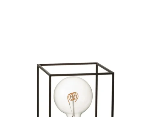 Trobella zwarte tafellamp met rechthoekig ijzeren frame en zichtbare lichtbron, modern en compact