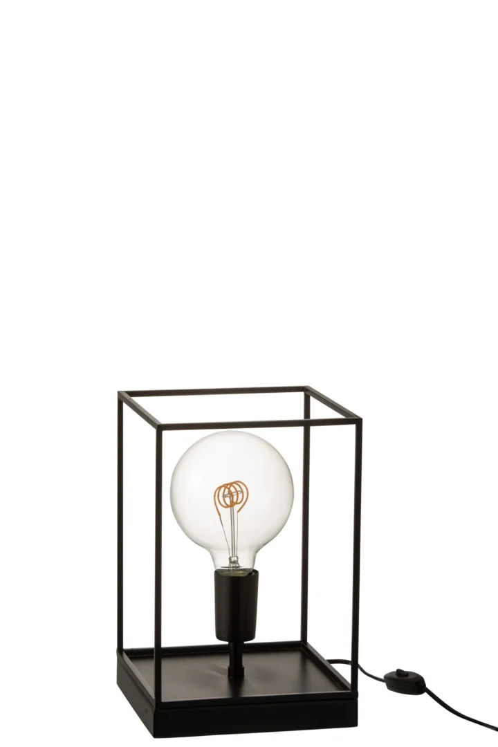 Trobella zwarte tafellamp met rechthoekig ijzeren frame en zichtbare lichtbron, modern en compact