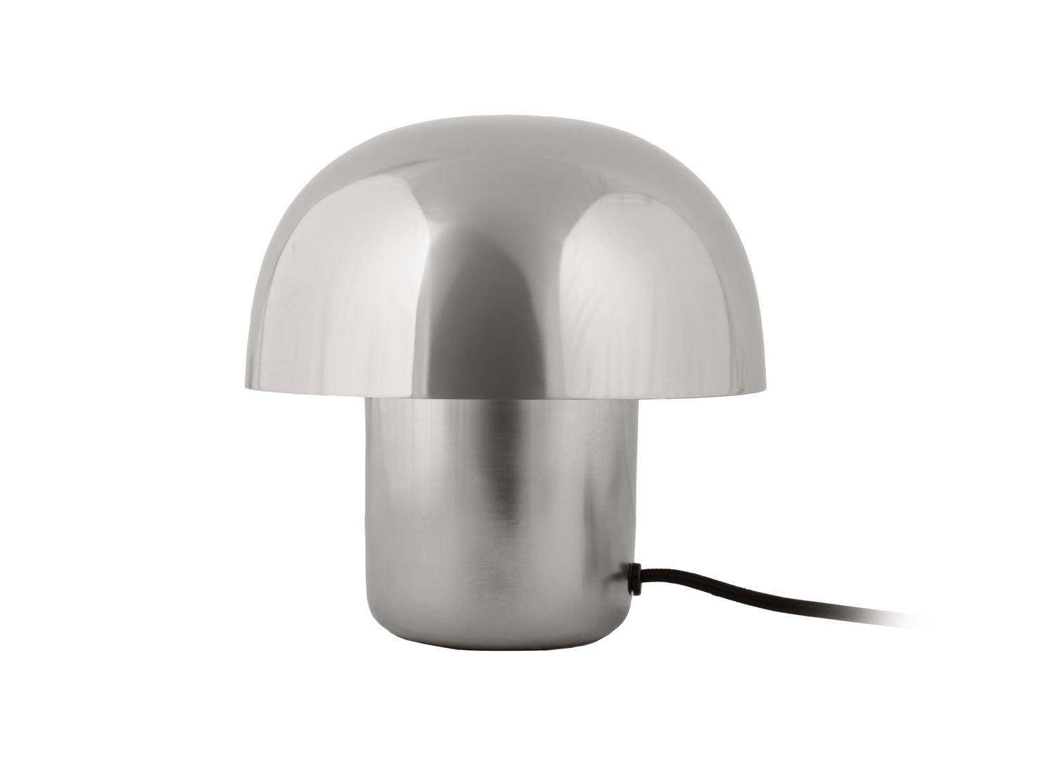 Tafellamp Saundis Chroom met glanzende koepel, compact formaat en zwart snoer