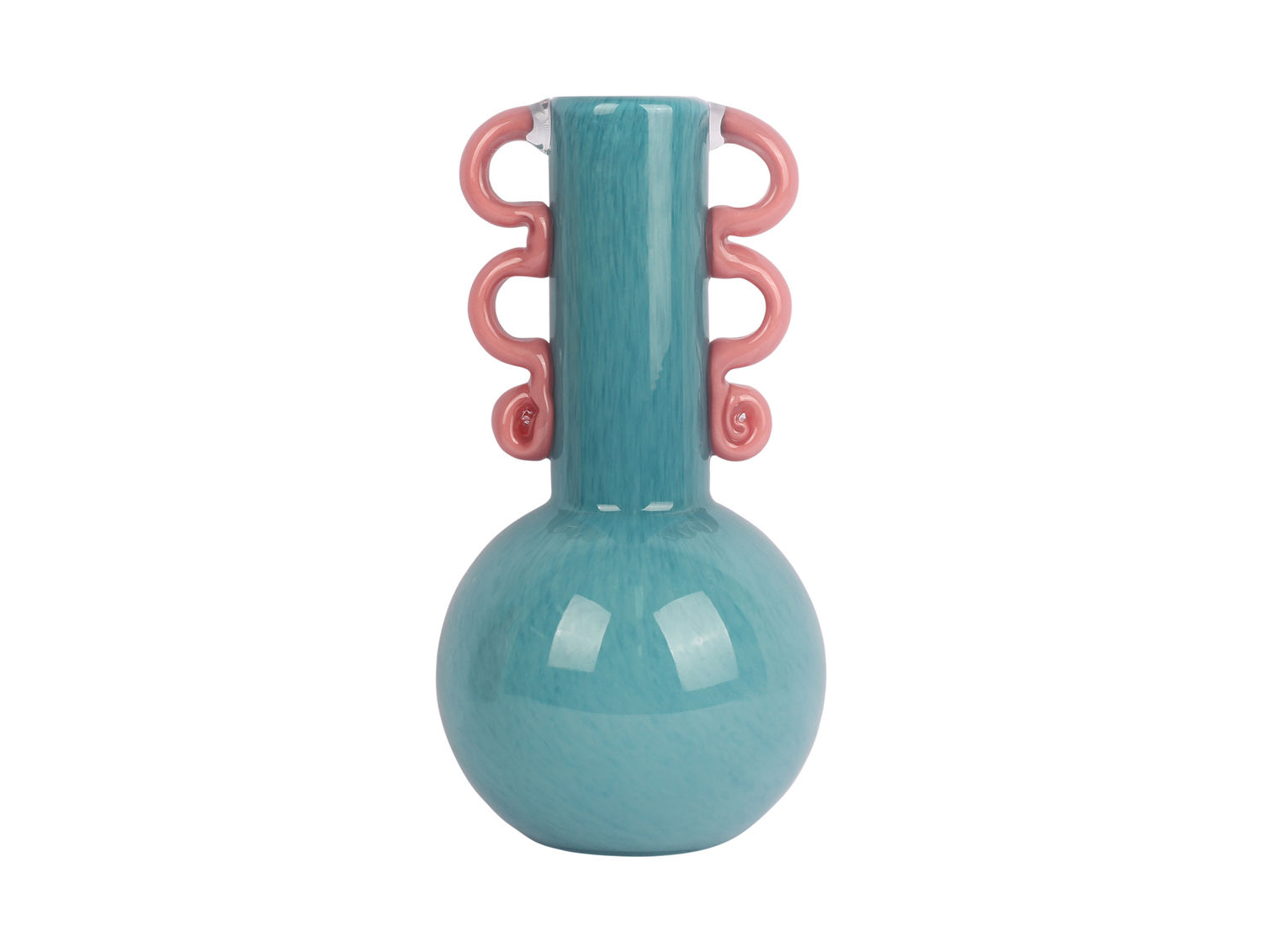 Vaas Kausil Glas turquoise, handgemaakt mondgeblazen glas met speelse roze handvatten, Ø14 cm
