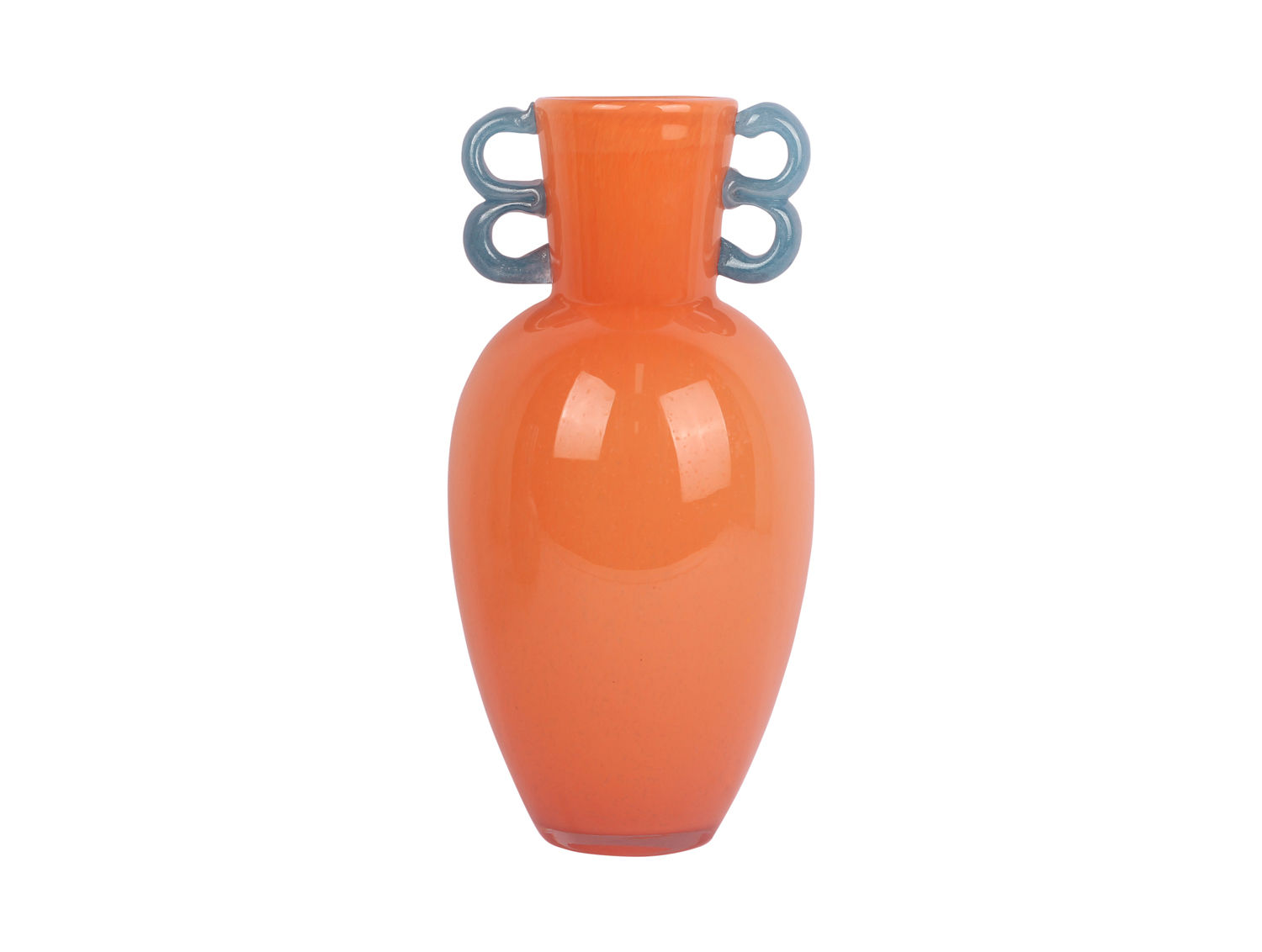 Vaas Baavine van oranje glas met speelse blauwe handgrepen, mondgeblazen en handgemaakt, Ø15 cm