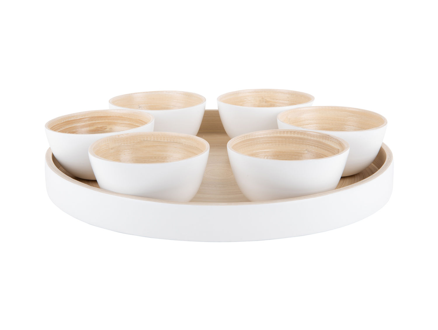 Nalon bamboe wit dienblad met 6 schaaltjes, rond 32 cm, natuurlijke uitstraling
