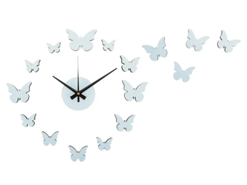 Wandklok Patero zacht blauw met vlinders, modern en licht ontwerp voor de wand