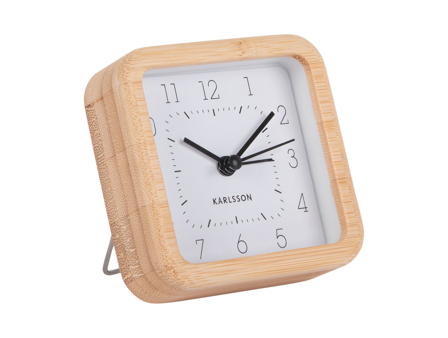 Wekker Laale Wit van Karlsson in bamboo en glas, compacte rechthoekige wekker met minimalistische wijzerplaat