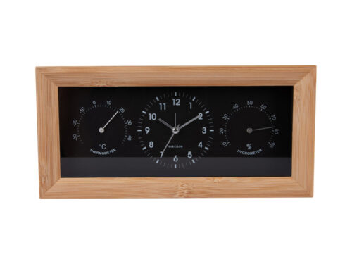 Wekker Ketu Zwart met bamboe frame, glazen front en geïntegreerde thermometer en hygrometer