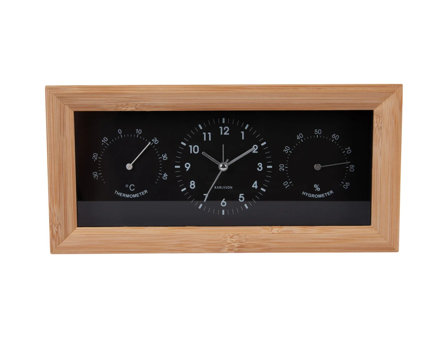 Wekker Ketu Zwart met bamboe frame, glazen front en geïntegreerde thermometer en hygrometer