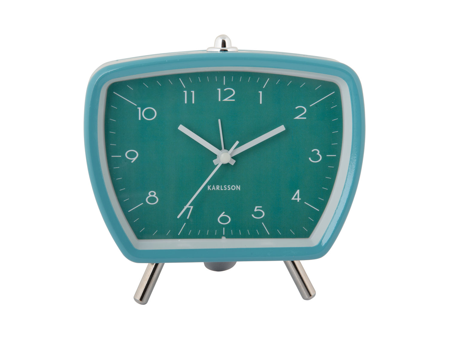 Wekker Slekine Turquoise van Karlsson, retro turquoise tafelwekker met ijzeren poten en witte wijzerplaat