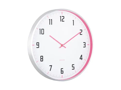 Wandklok Pandora Helder Roze met aluminium rand, duidelijke cijfers en sportieve klassieke vorm