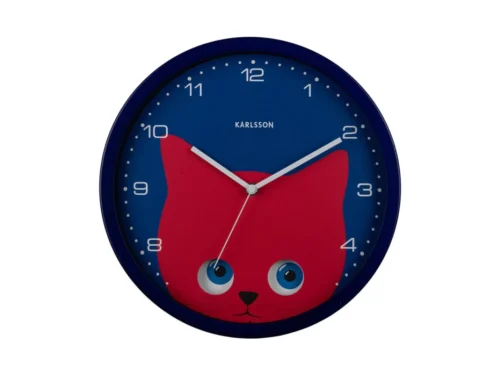 Wandklok Klano donkerblauw met speels kattengezicht, duidelijke cijfers en witte wijzers