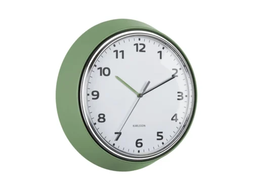 Karlsson Wandklok Kleessum Groen, ronde jungle green retro klok met zwarte cijfers en chromen rand