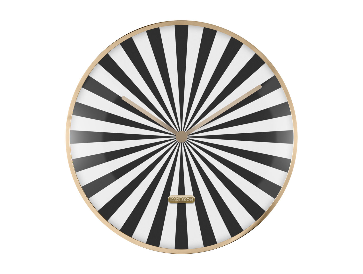 Wandklok Loolvar zwart ijzer met goudrand en zwart-witte candy swirl wijzerplaat