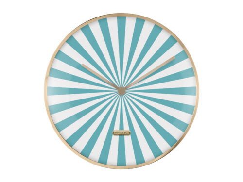 Wandklok Skeenora turquoise met blauw-witte swirl en gouden rand, speelse blikvanger van ijzer