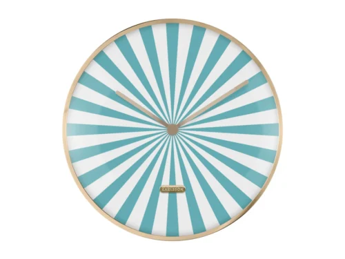 Wandklok Skeenora turquoise met blauw-witte swirl en gouden rand, speelse blikvanger van ijzer