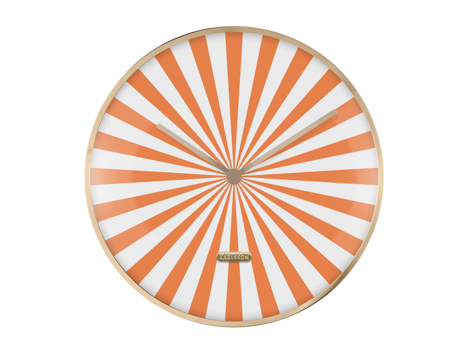 Wandklok Maner Helder Oranje met wit zonnestraalpatroon en goudkleurige rand, speels en decoratief
