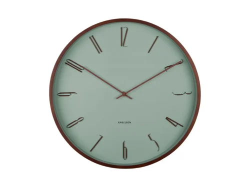 Wandklok Gomal van Karlsson in groen-grijs plywood met minimalistisch Scandinavisch design en stille No Sweep uurwerk