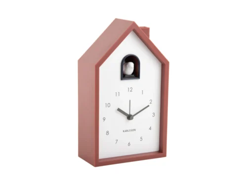 Wekker Rieno Oker van Karlsson in huisvorm, moderne koekoekwekker met wit wijzerplaat en terracotta rand