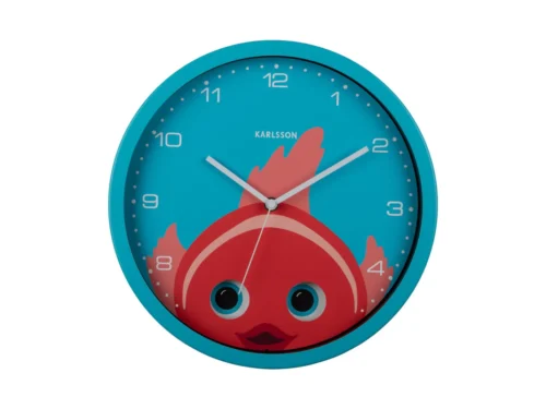 Wandklok Jerno lichtblauw met Goldfish-design en bewegende ogen, vrolijke Karlsson wandklok voor de kinderkamer