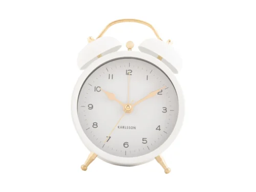 Wekker Voonta Wit met witte ijzeren afwerking, goudkleurige details en klassieke bubble alarm clock-stijl