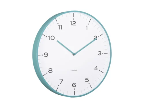 Karlsson Veetine turquoise wandklok met wit wijzerplaat, zwart cijferdisplay en strak metalen ringontwerp