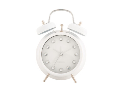 Wekker Zoltil Wit van Karlsson met glanzende witte afwerking, steentjes rond de wijzerplaat en retro design