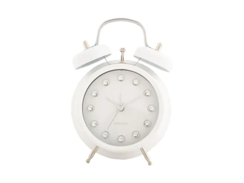 Wekker Zoltil Wit van Karlsson met glanzende witte afwerking, steentjes rond de wijzerplaat en retro design
