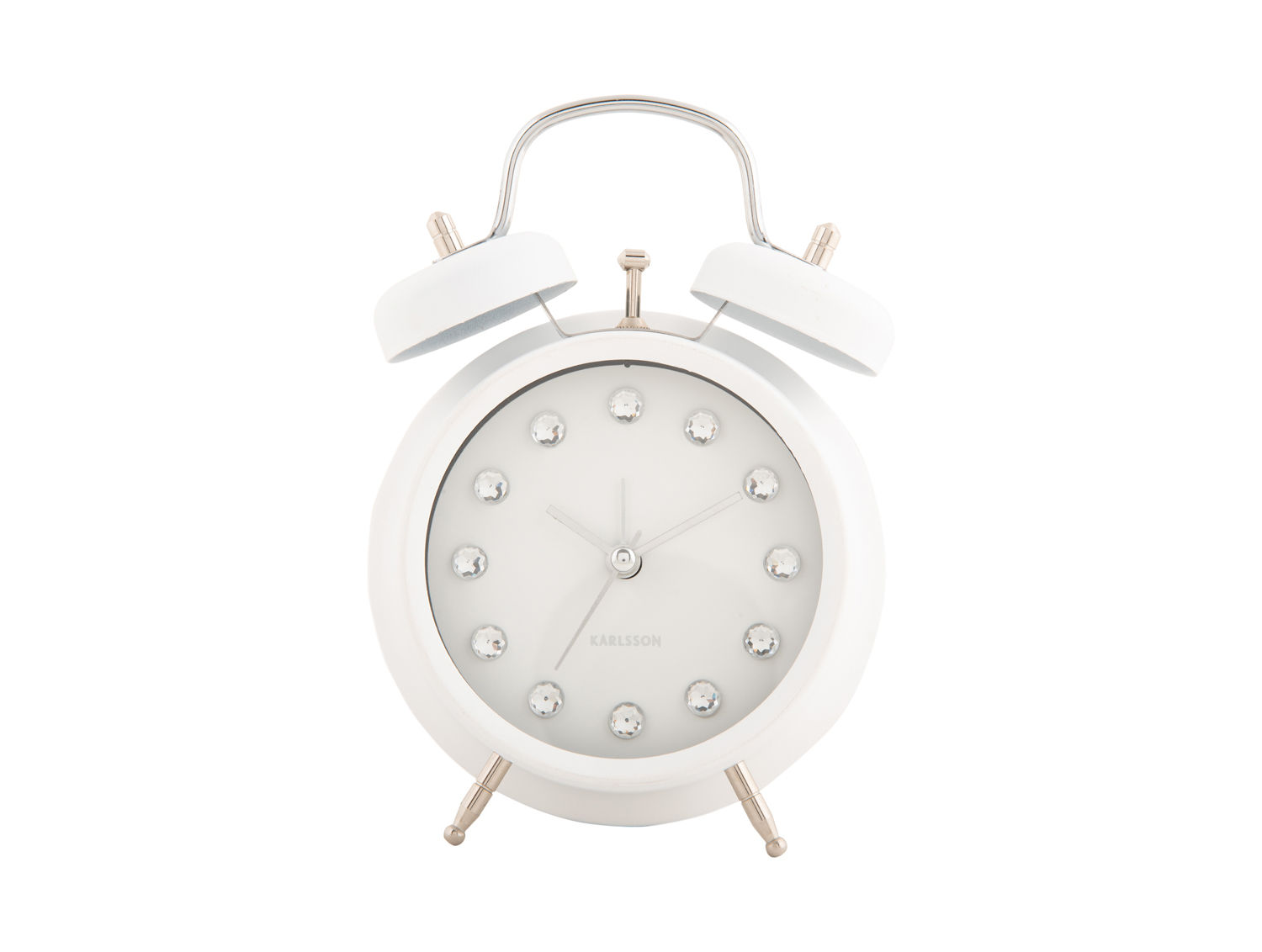 Wekker Zoltil Wit van Karlsson met glanzende witte afwerking, steentjes rond de wijzerplaat en retro design