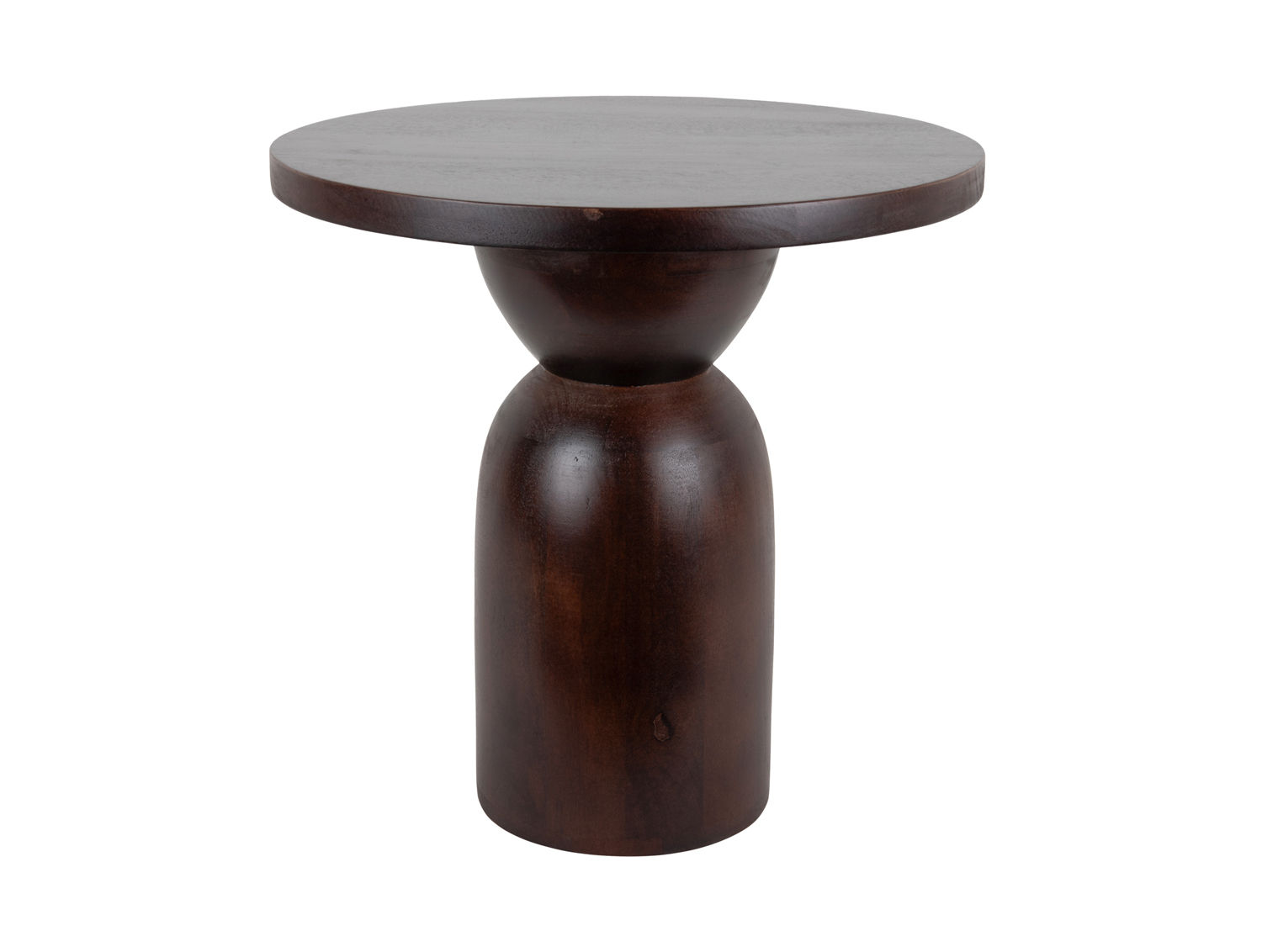 Bijzettafel Muskos Walnoot Ø45 cm met ronde mango houten blad en robuuste, warme donkere afwerking