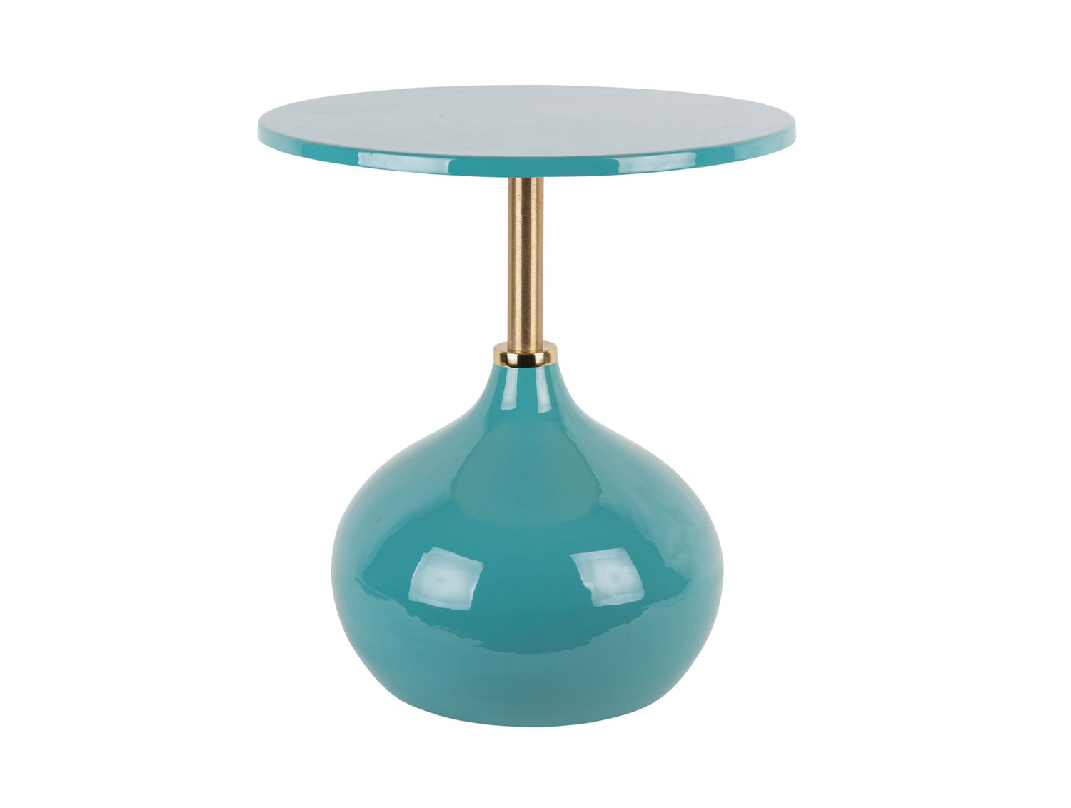 Bijzettafel Hiskund turquoise met glanzend rond blad Ø46 cm en goudkleurige metalen voet
