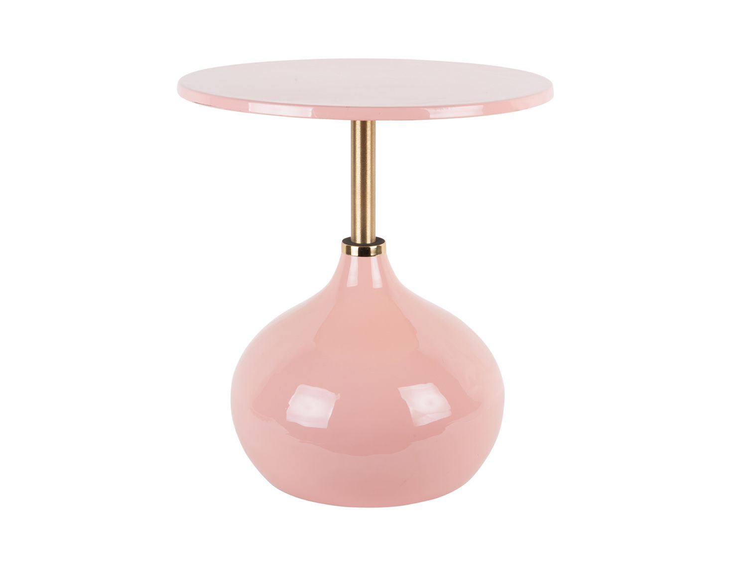 Braldena roze bijzettafel Ø46 cm met glanzende emaille afwerking en metalen voetstuk