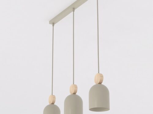 Hanglamp Stone Beige met drie capsulevormige kappen, houtdetail en slanke beige ophanging