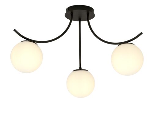 Plafondlamp Klumon zwart Ø15 cm met drie witte glazen kappen en moderne boogarmatuur
