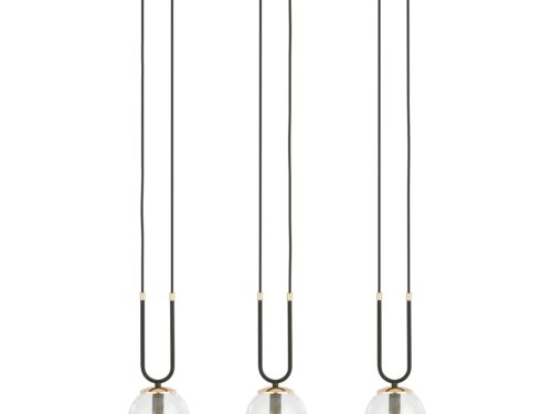 Hanglamp Jeiskas zwart met 3 glazen bollen en gouden accenten, stijlvolle retrolook, Ø14 cm