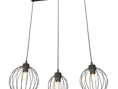 Hanglamp Bodira Zwart Ø24 cm met drie industriële metalen kooikappen en verstelbare snoeren