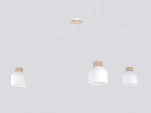 Hanglamp Nontia Wit met drie witte kappen, houten details en strak Scandinavisch design