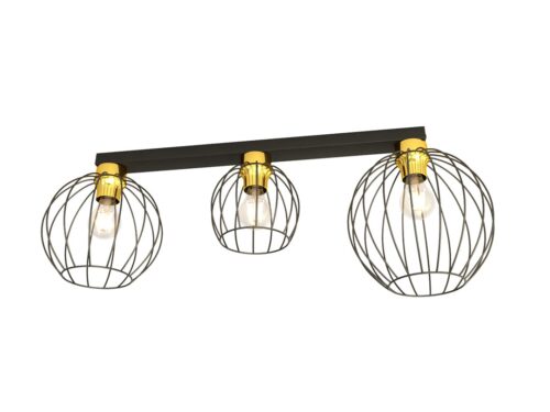 Plafondlamp Nummang zwart Ø24 cm met drie draadkappen en zwart-gouden industriële afwerking