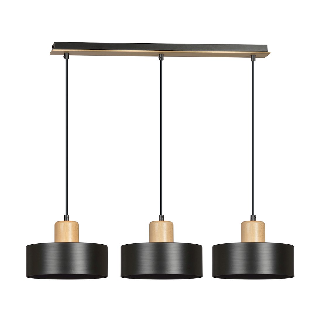 Hanglamp Sloodano Zwart met 3 lampen, zwart staal en houten accenten, verstelbare hoogte